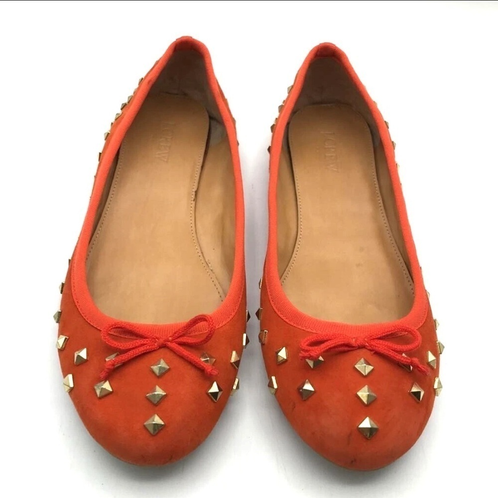 Womens 6 J. Crew Ballet Flats Shoes Orange Suede Slip On Studded Round Toe Bow
